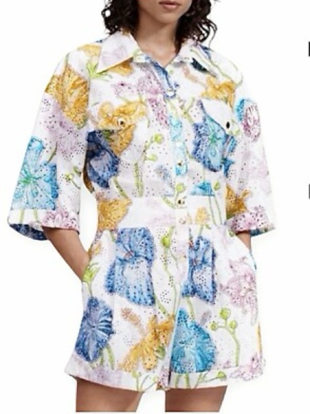 Hayley Menzies multi color floral eyelet short sleeve playsuit romper | XS